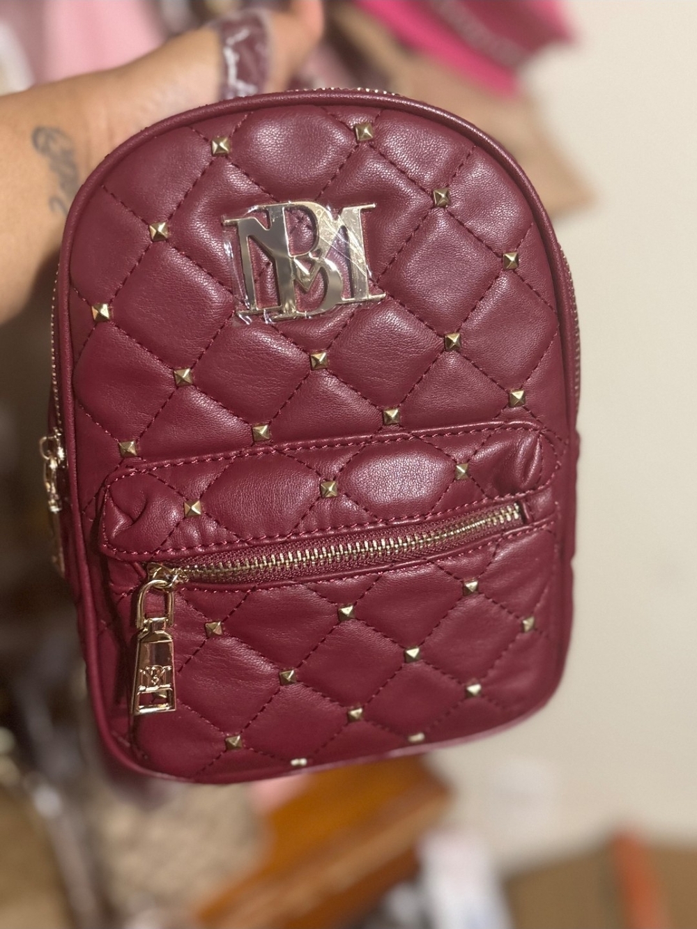 Badgley Mischka Quilted Mini Backpack in Wine with Gold Hardware